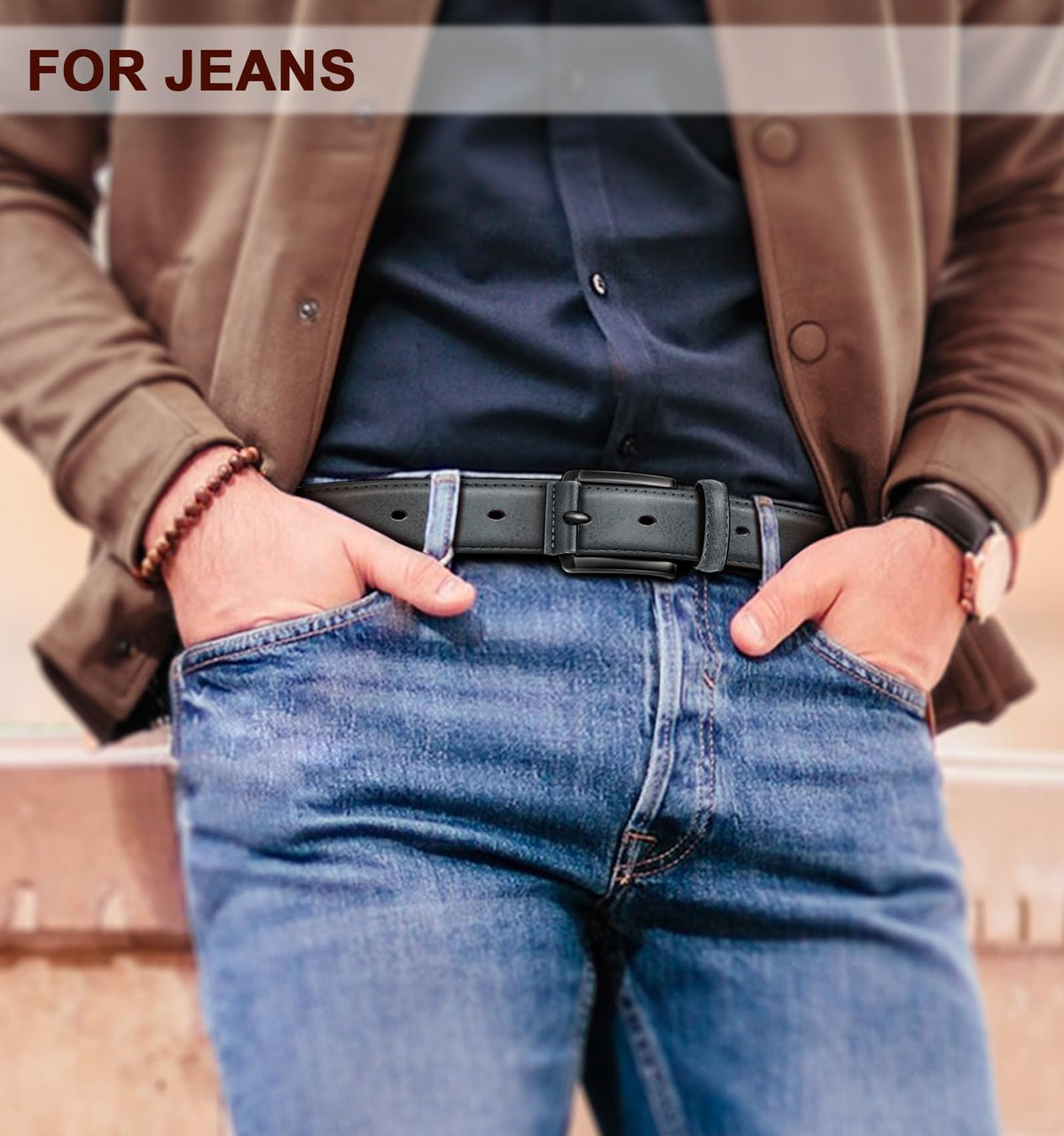 KEMISANT black and sacred grey belt on model for versatile styling.