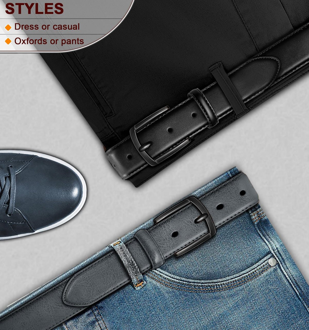 Craftsmanship details on KEMISANT belt highlight durable stitching.