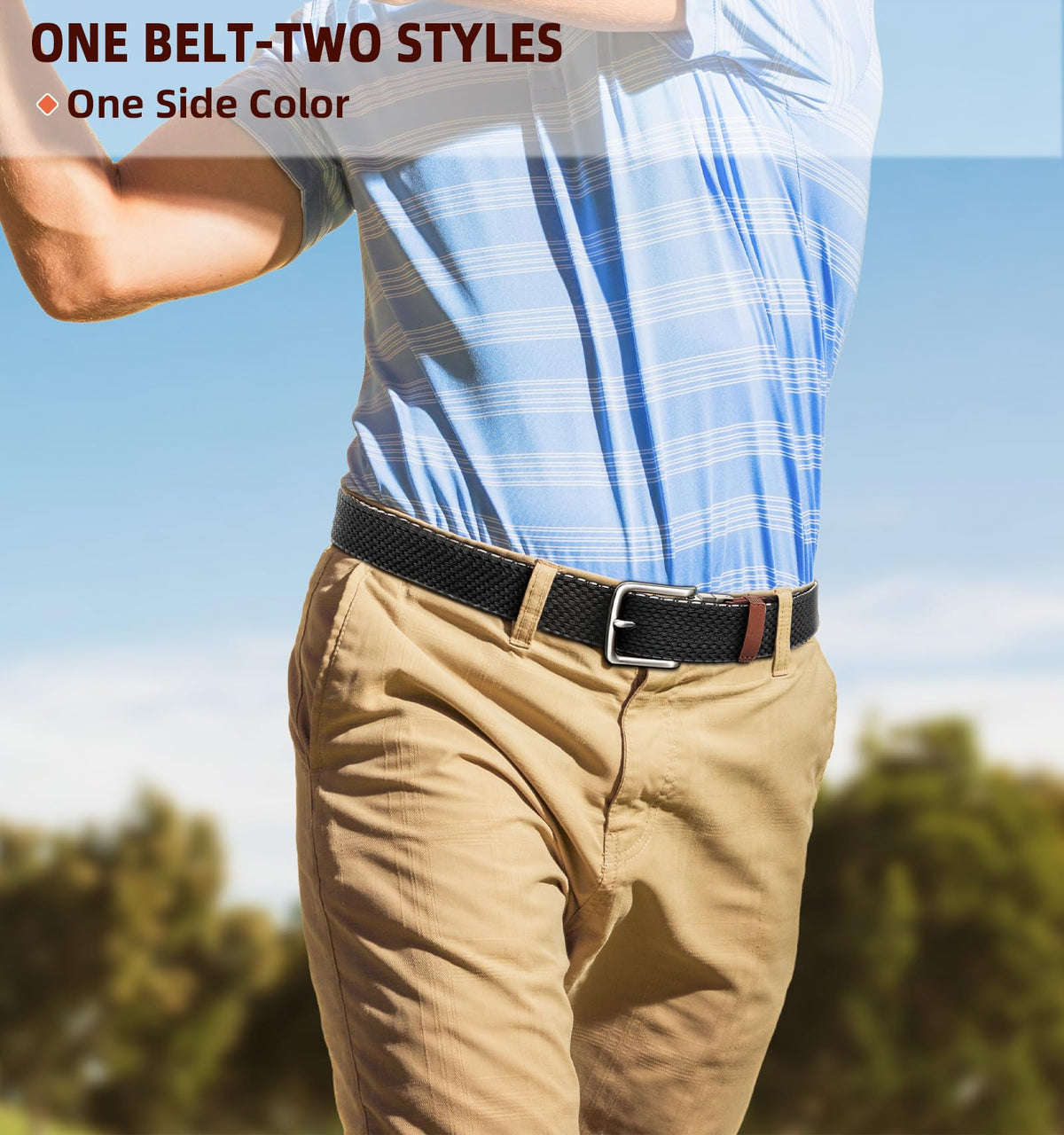 KEMISANT belt buckle detail shows secure hole-free fastening.