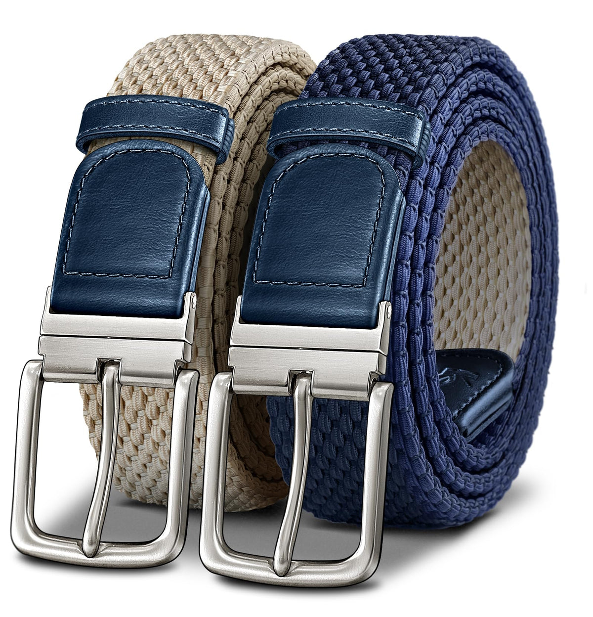 KEMISANT reversible belt front view shows two color options for versatile styling.