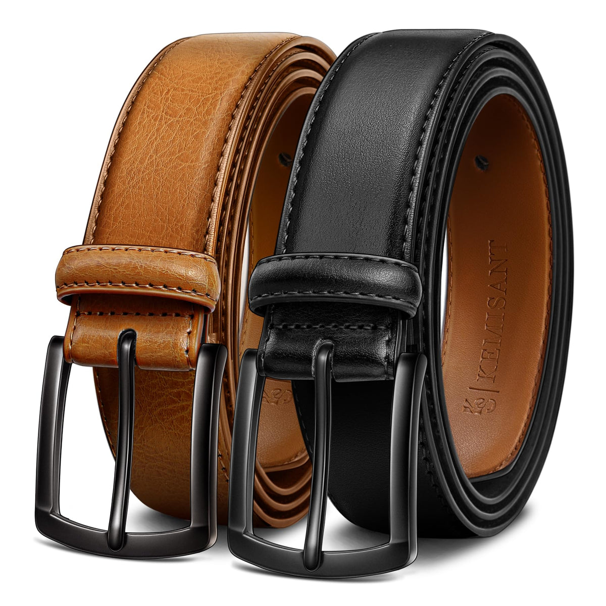 KEMISANT men belt 2pack black close-up highlights premium leather and durability.