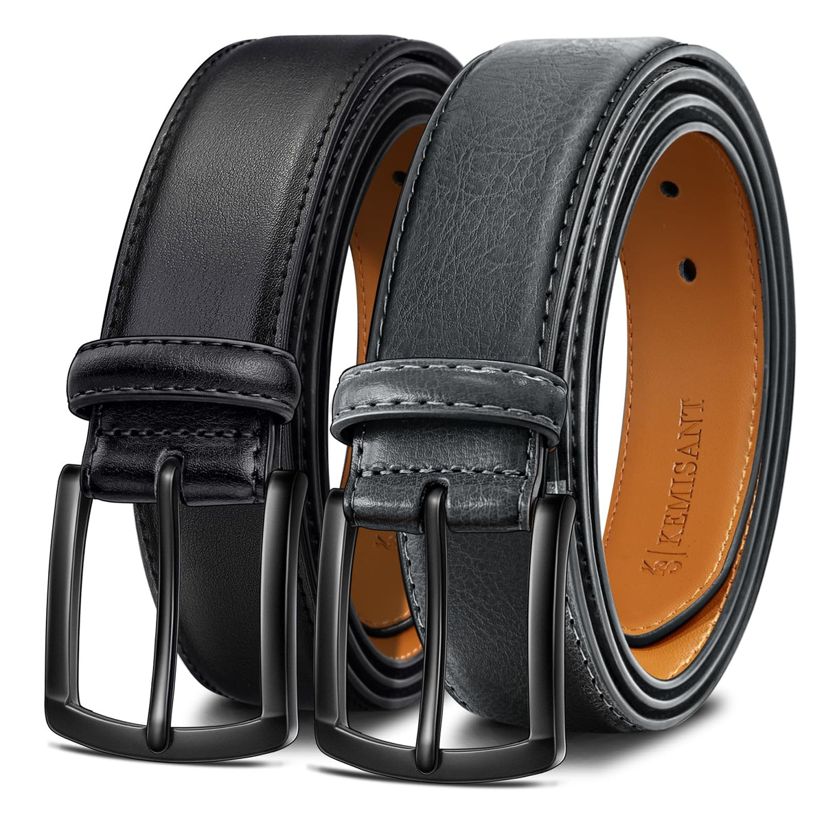 KEMISANT Men Belt 2-Pack in black and sacred grey for versatile outfits.