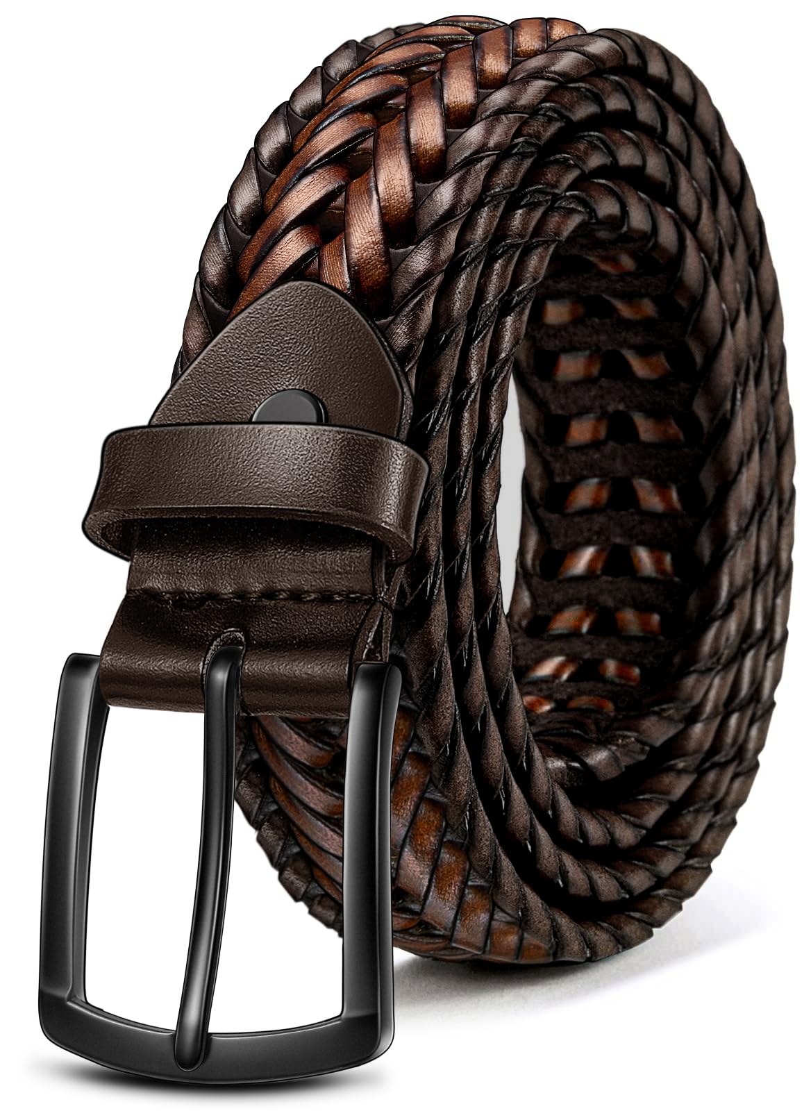 KEMISANT braided belt in deep brown with secure braided strap for casual wear.
