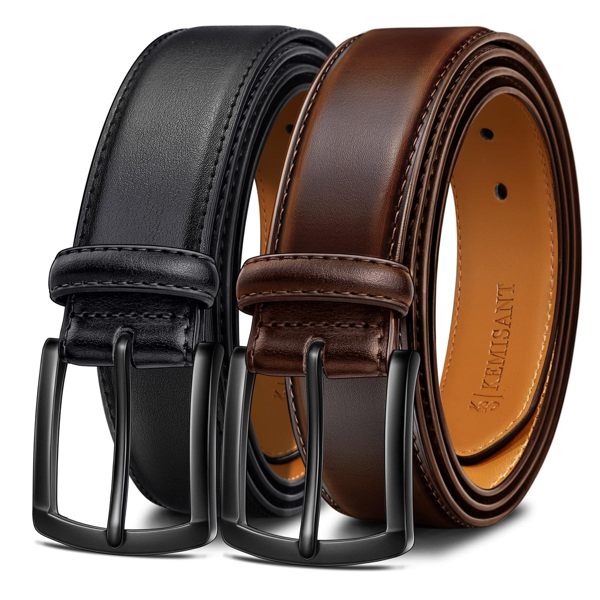 Kemisant two-pack belt in black and coffee leather for versatile outfits.