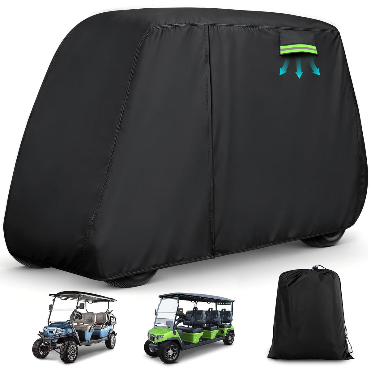 KERANTY 6P golf cart cover front view shields the cart from sun and rain.