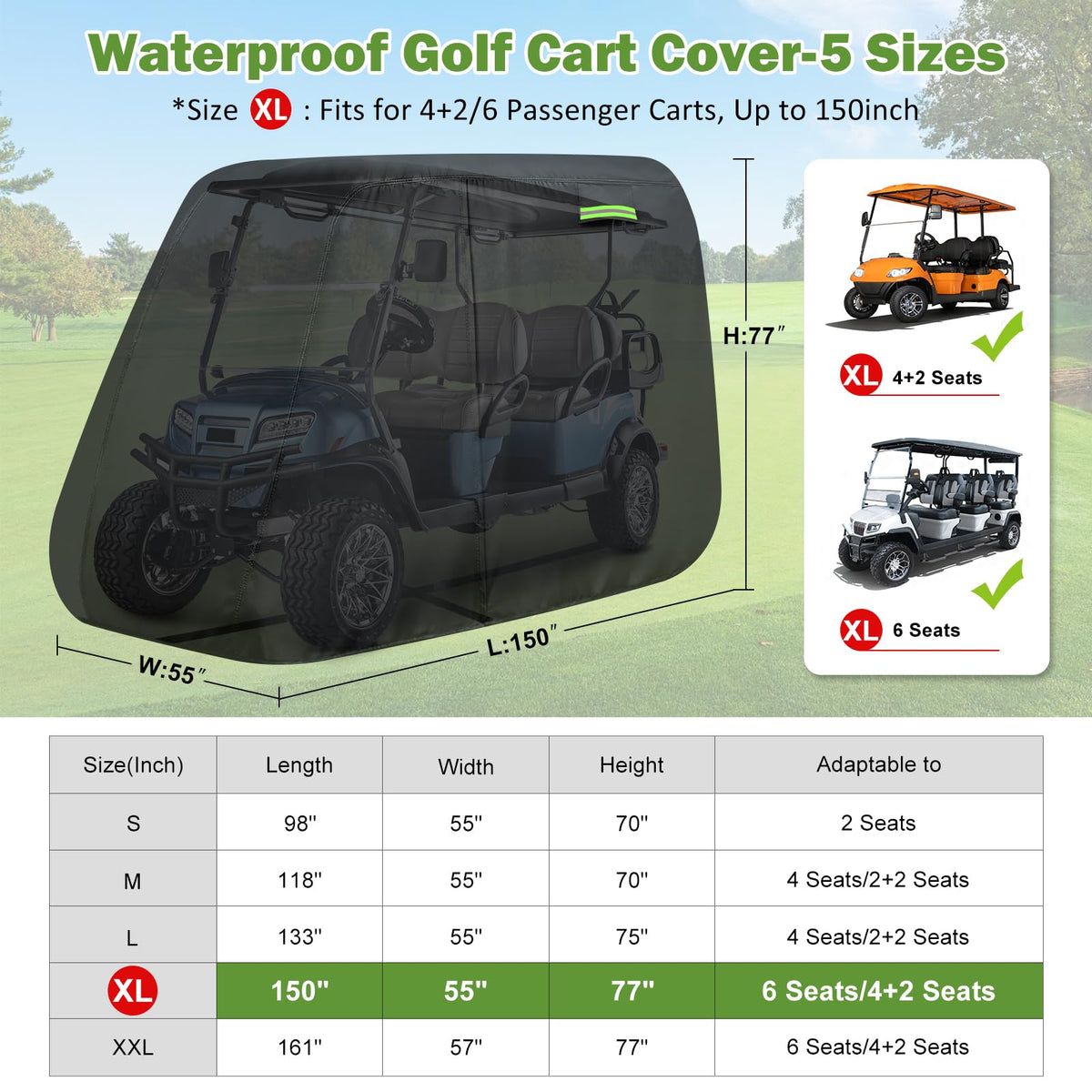KERANTY 6P golf cart cover rear view protects cargo area from weather and dust.