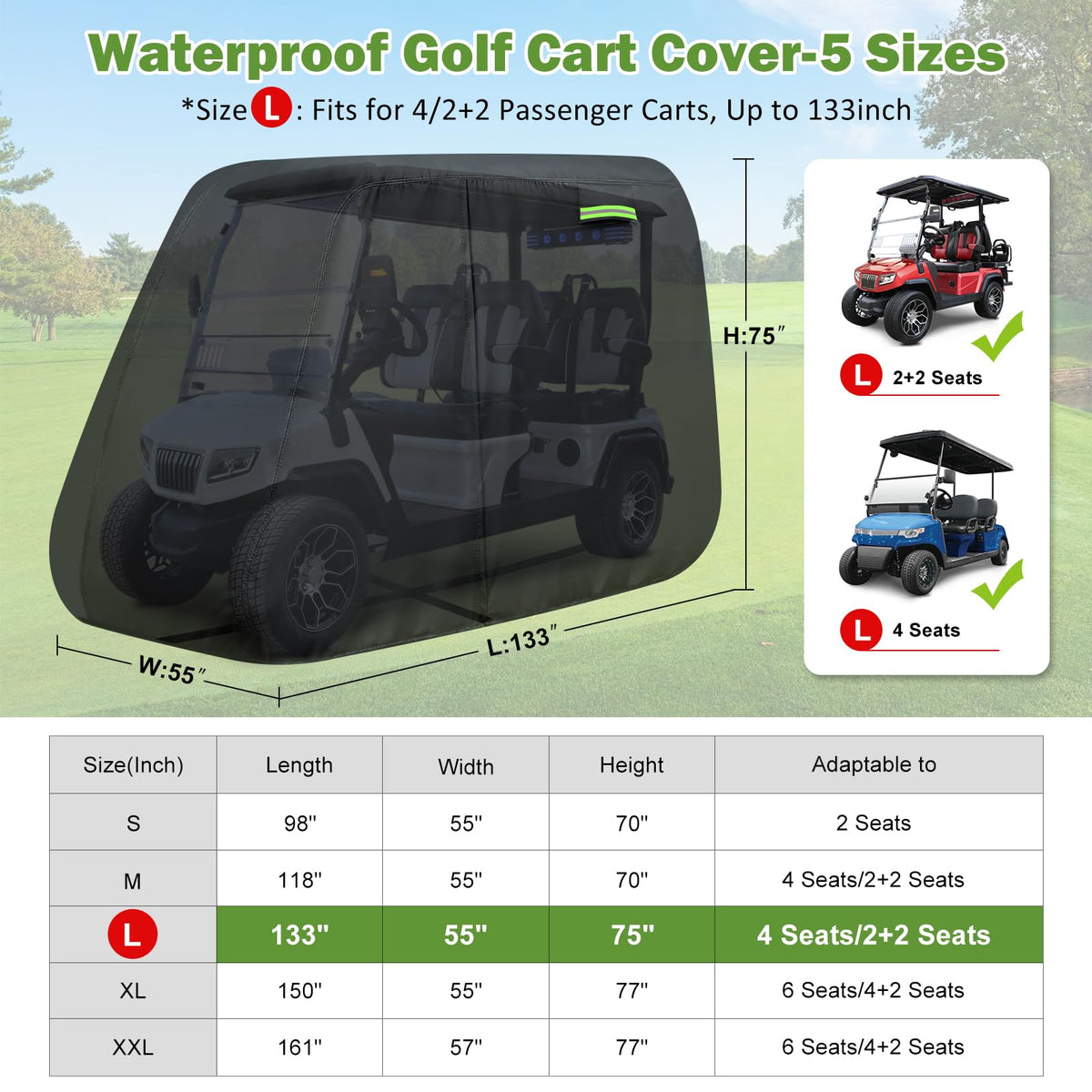 KERANTY 4-passenger cover side view shows secure elastic hems