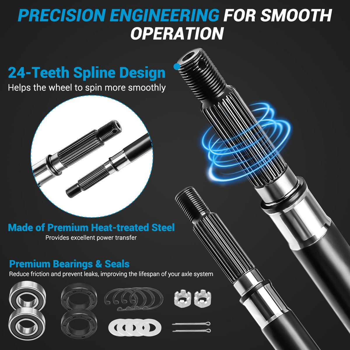 Heat-treated steel construction delivers durable EZGO rear axle shaft.