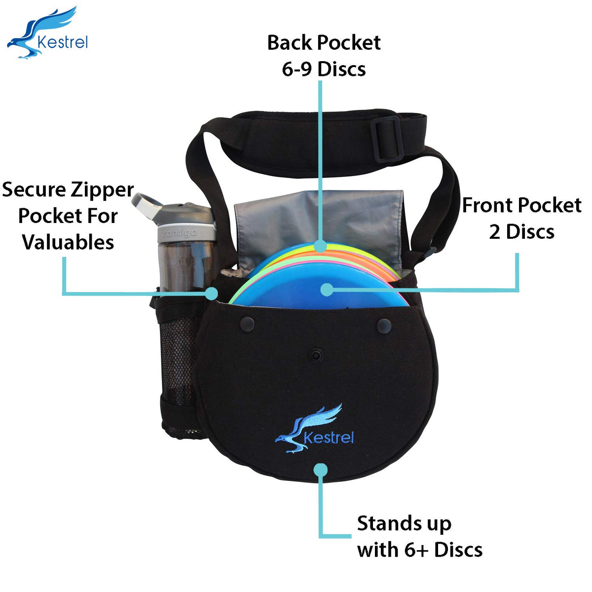 Kestrel Black Disc Golf Bag side view highlighting accessible pockets during play