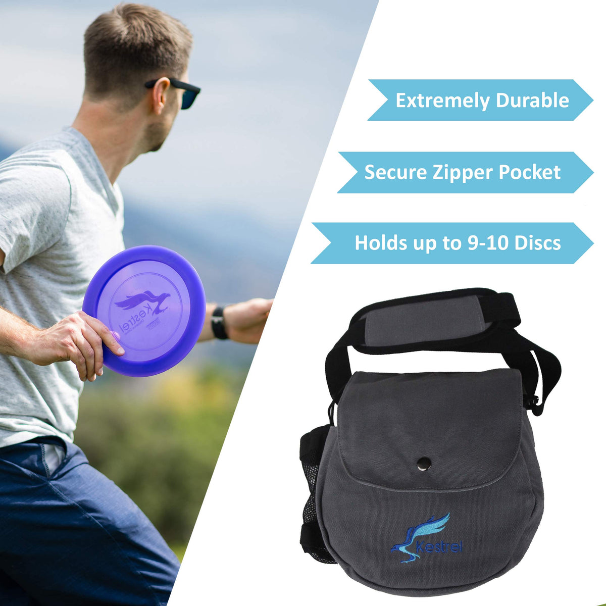 Kestrel disc golf bag adjustable strap for comfortable carry.