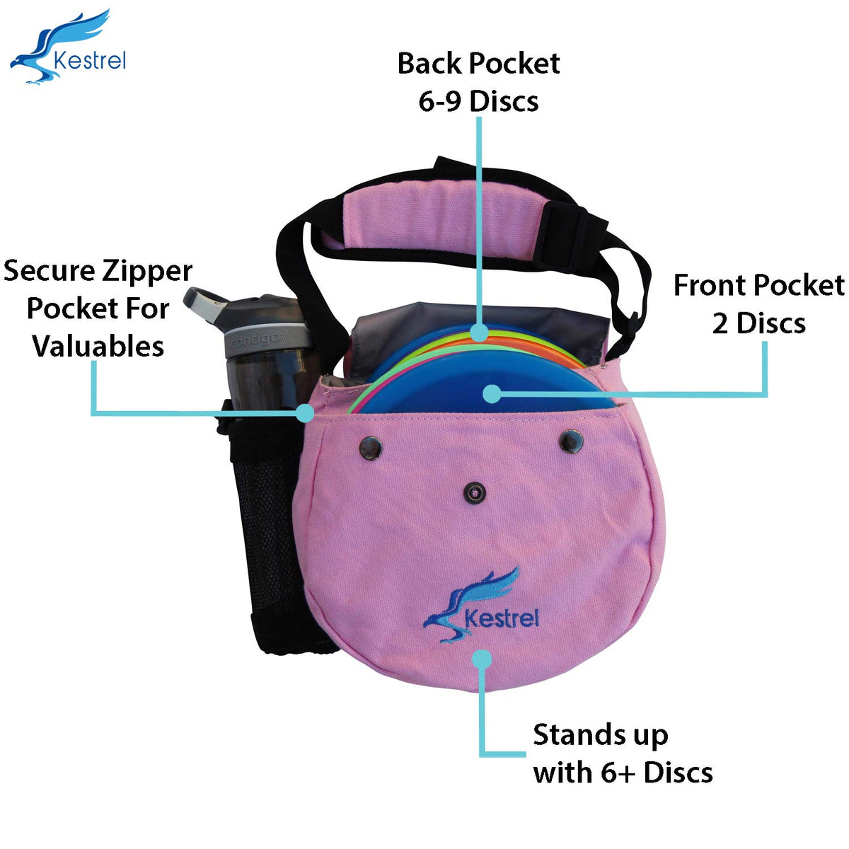 Kestrel disc golf bag in durable canvas suitable for rugged courses.