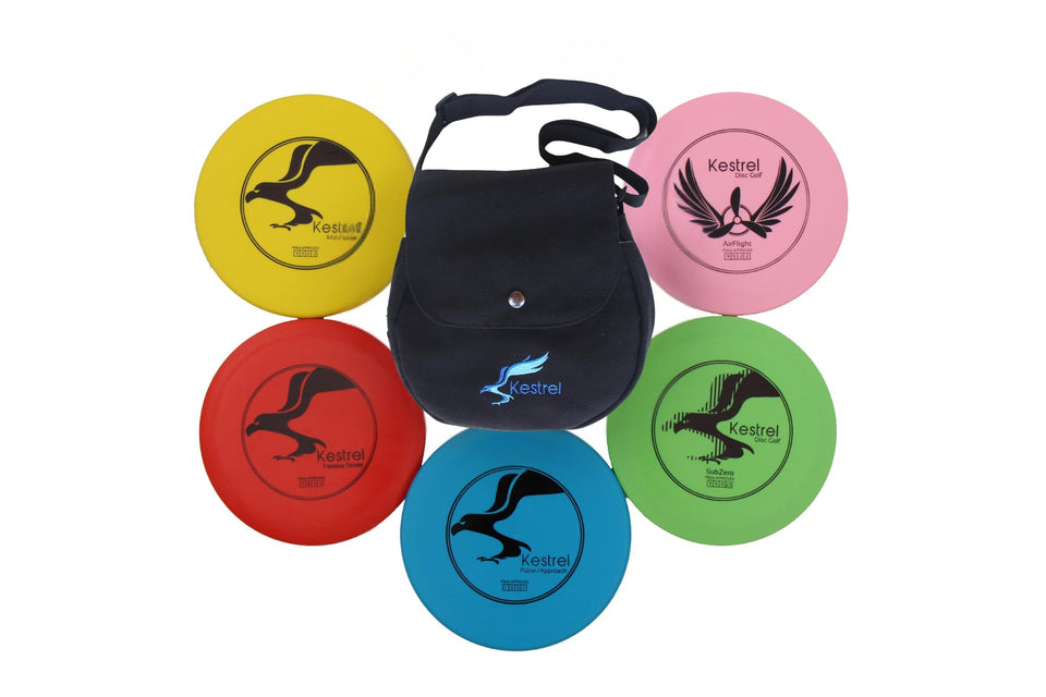Kestrel Disc Golf Starter Set with blue bag and five discs for family play