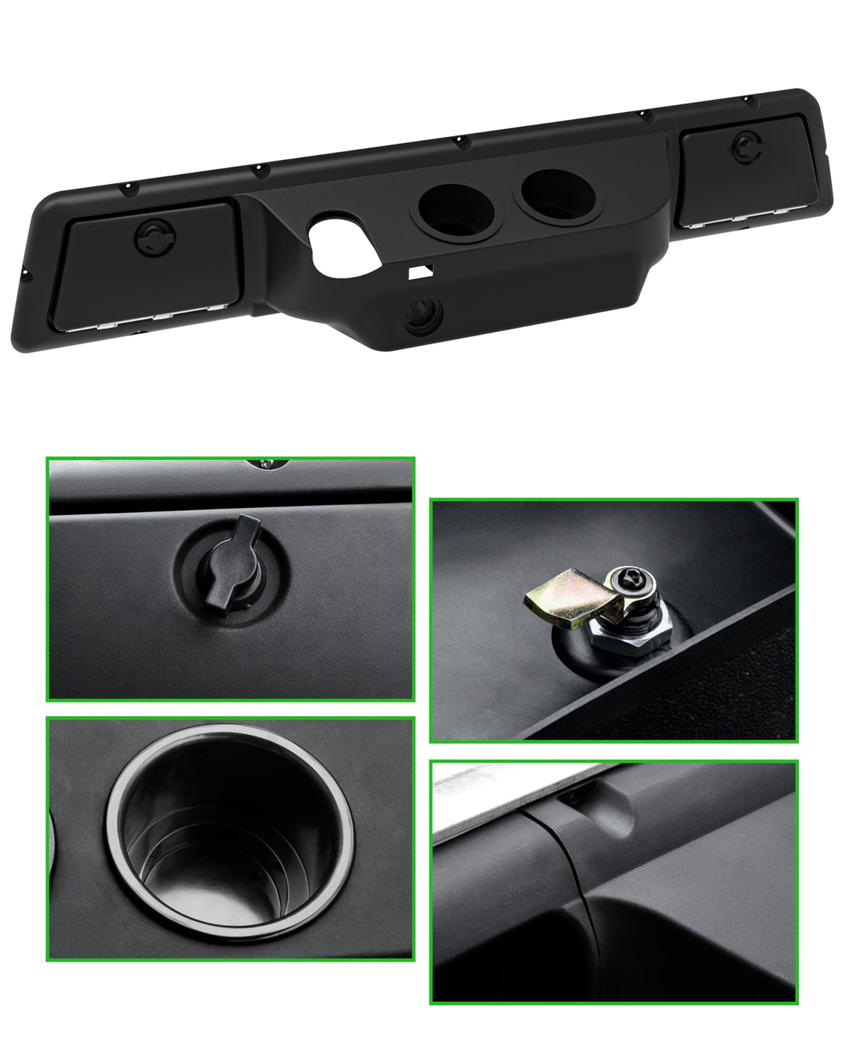 Integrated storage compartments keep water, keys, and sunglasses securely while driving.
