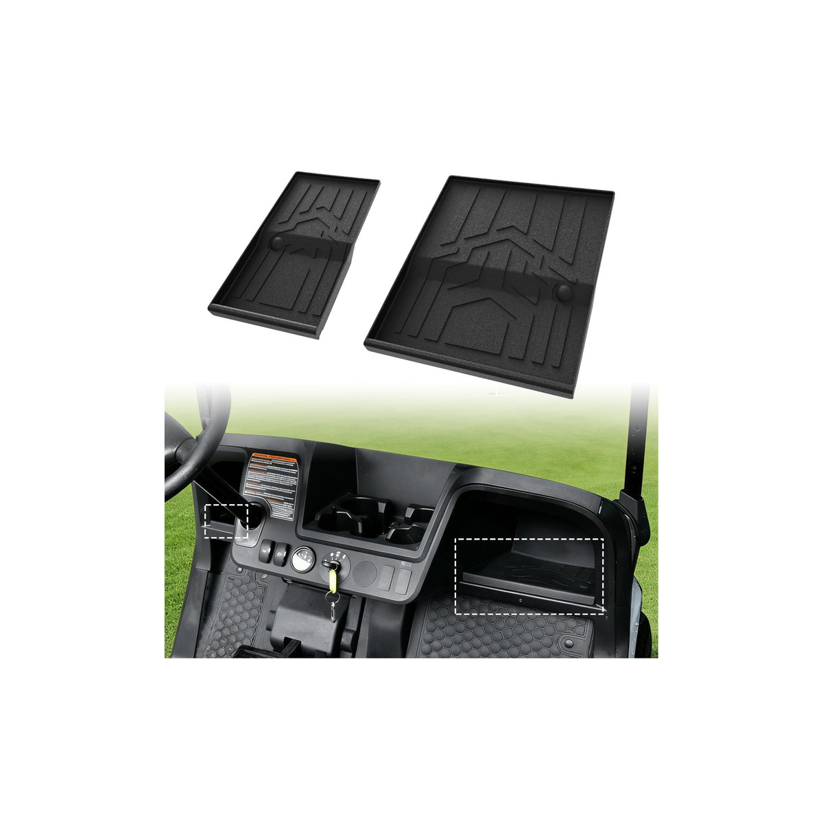 KEWISAUTO dash mat for EZGO RXV showing precise fit and non-slip texture for secure items