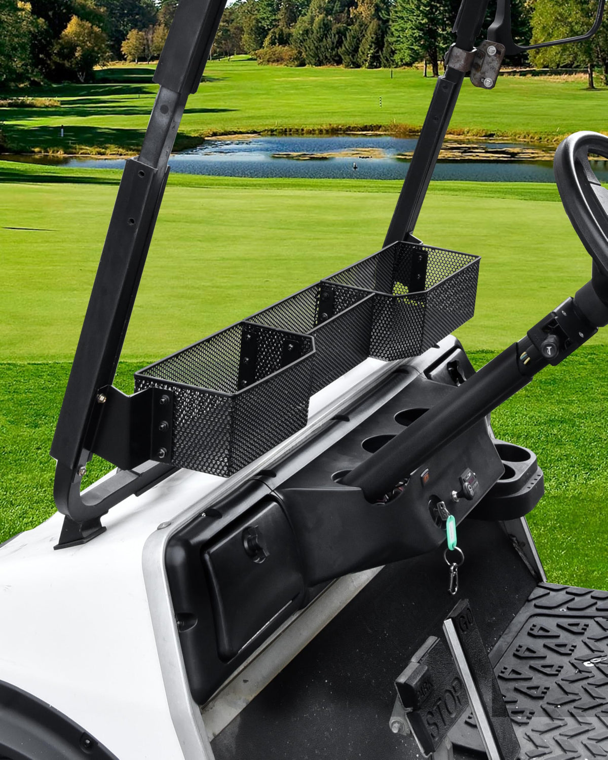 Reinforced mounting brackets stabilize the basket on rough terrain