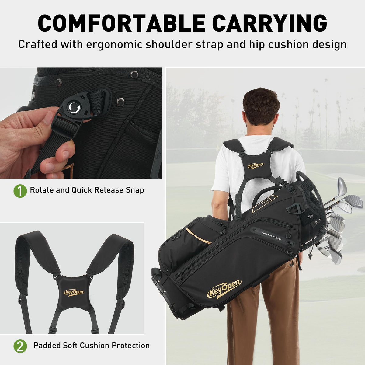 KeyOpen golf stand bag built from durable 900D fabric for tough conditions