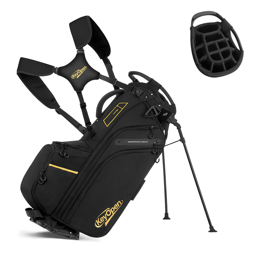 KeyOpen golf stand bag showing top 14-way dividers for organized clubs and protection