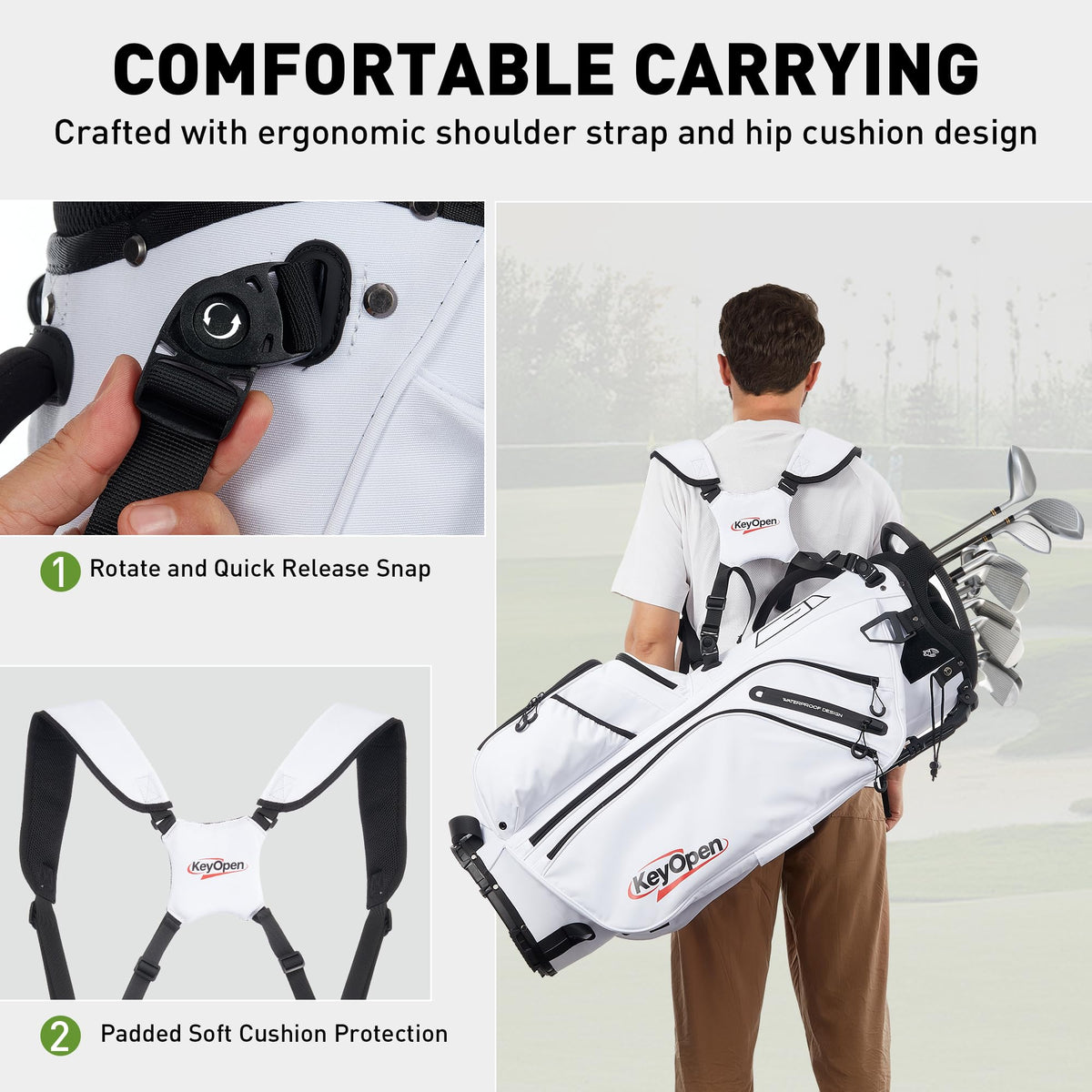 KeyOpen rain hood and umbrella holder protect gear in wet weather.