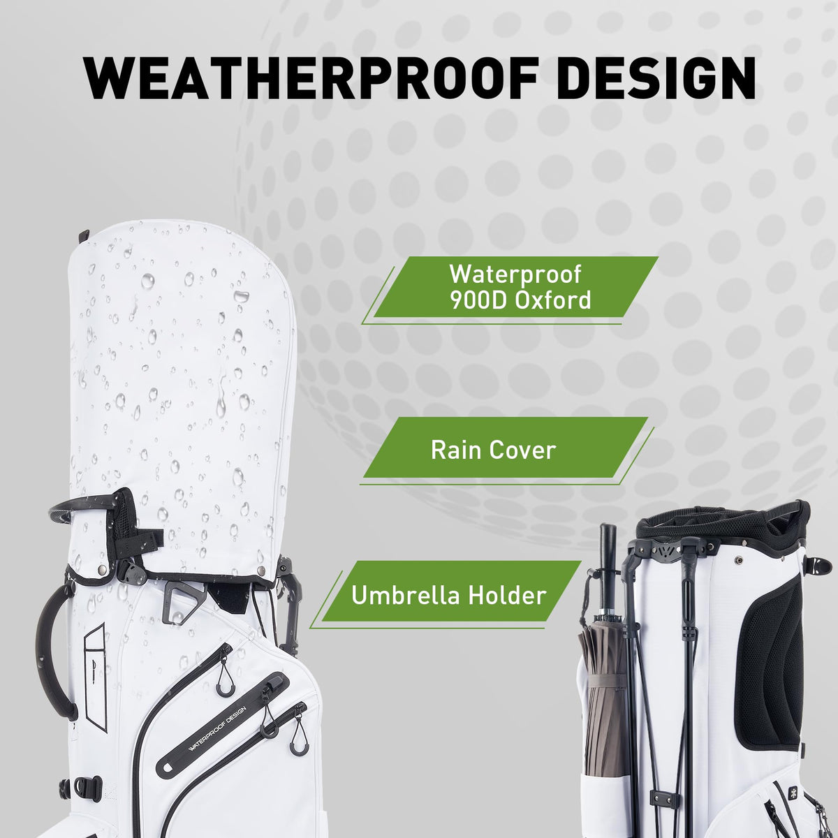KeyOpen white golf bag stand with closed top for tidy storage and transport.
