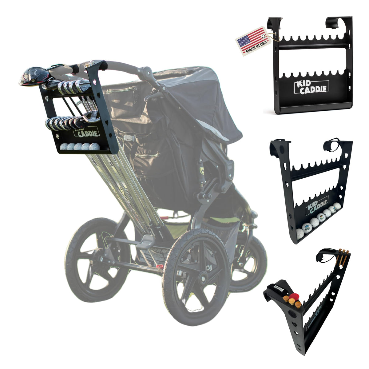Kid Caddie golf stroller attachment on a handlebar, enabling hands-free rounds with your child.