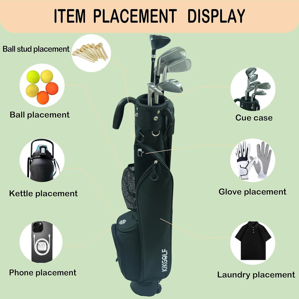 KIKGOIF Sunday Golf Stand Bag front pocket for quick-access valuables