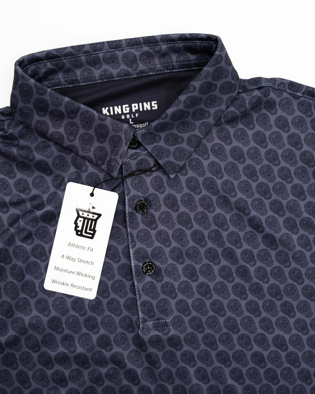 King Pins Golf polo sleeve detail highlighting 4-way stretch for unrestricted swing
