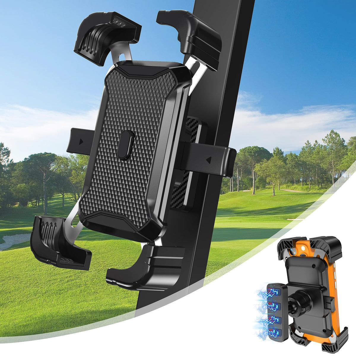 KingofKings golf cart phone holder secures phone on bumpy rides with a strong magnet grip.
