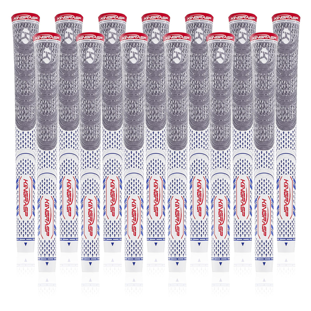 KINGRASP Multi Compound golf grips in gray and white for midsize hands, anti-slip design for all-weather performance.