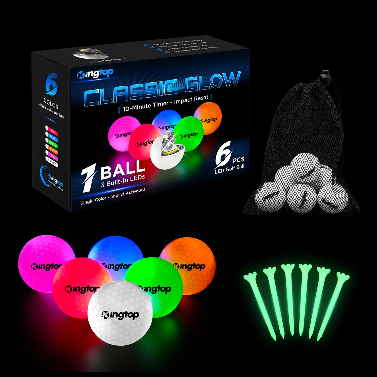 Kingtop night golf ball glow on green for easy nighttime visibility.