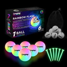 Kingtop RainbowFlash LED golf ball glowing at night for enhanced visibility