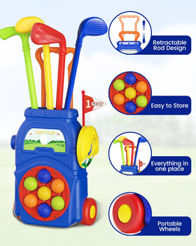 KINGTOP toddler golf set includes balls and accessories neatly stored