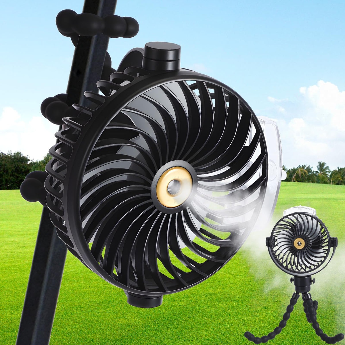 Kittmip golf cart fan mist setup demonstrates continuous spray for on course cooling.