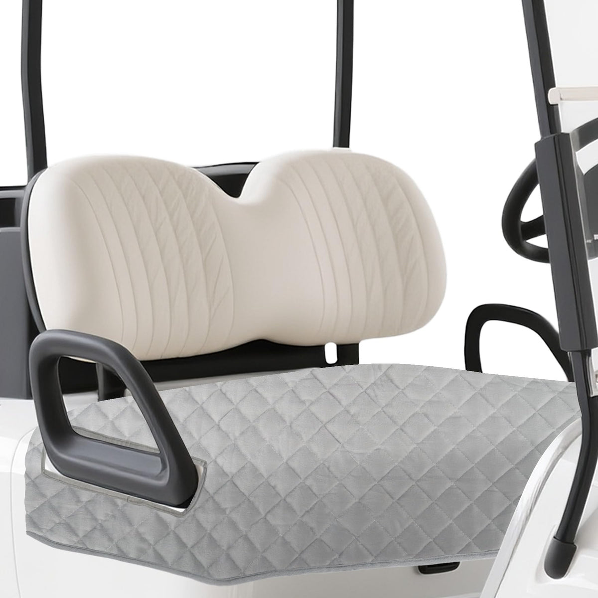 Klmnop golf cart seat cover provides universal fit for EZGO, Yamaha, and Club Car.