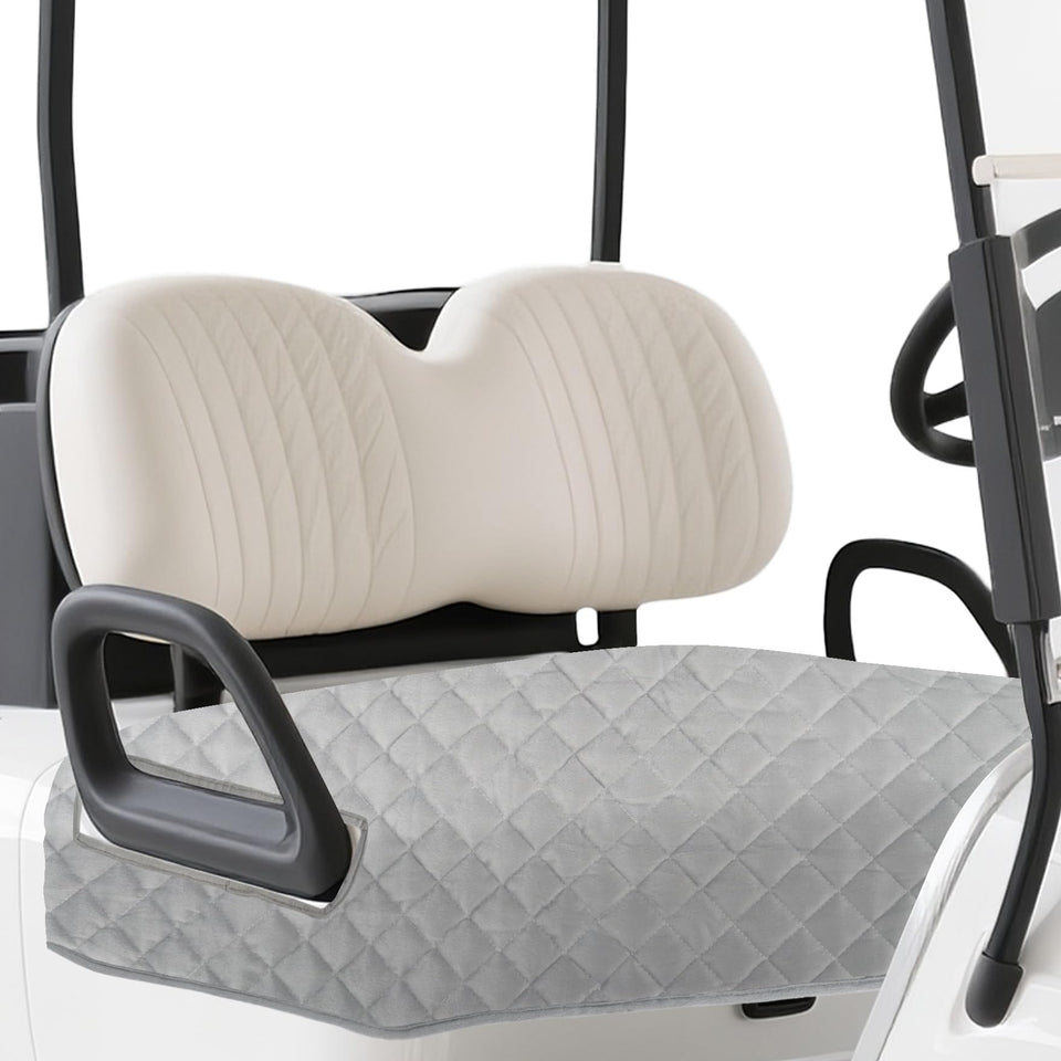 Klmnop golf cart seat cover provides universal fit for EZGO, Yamaha, and Club Car.