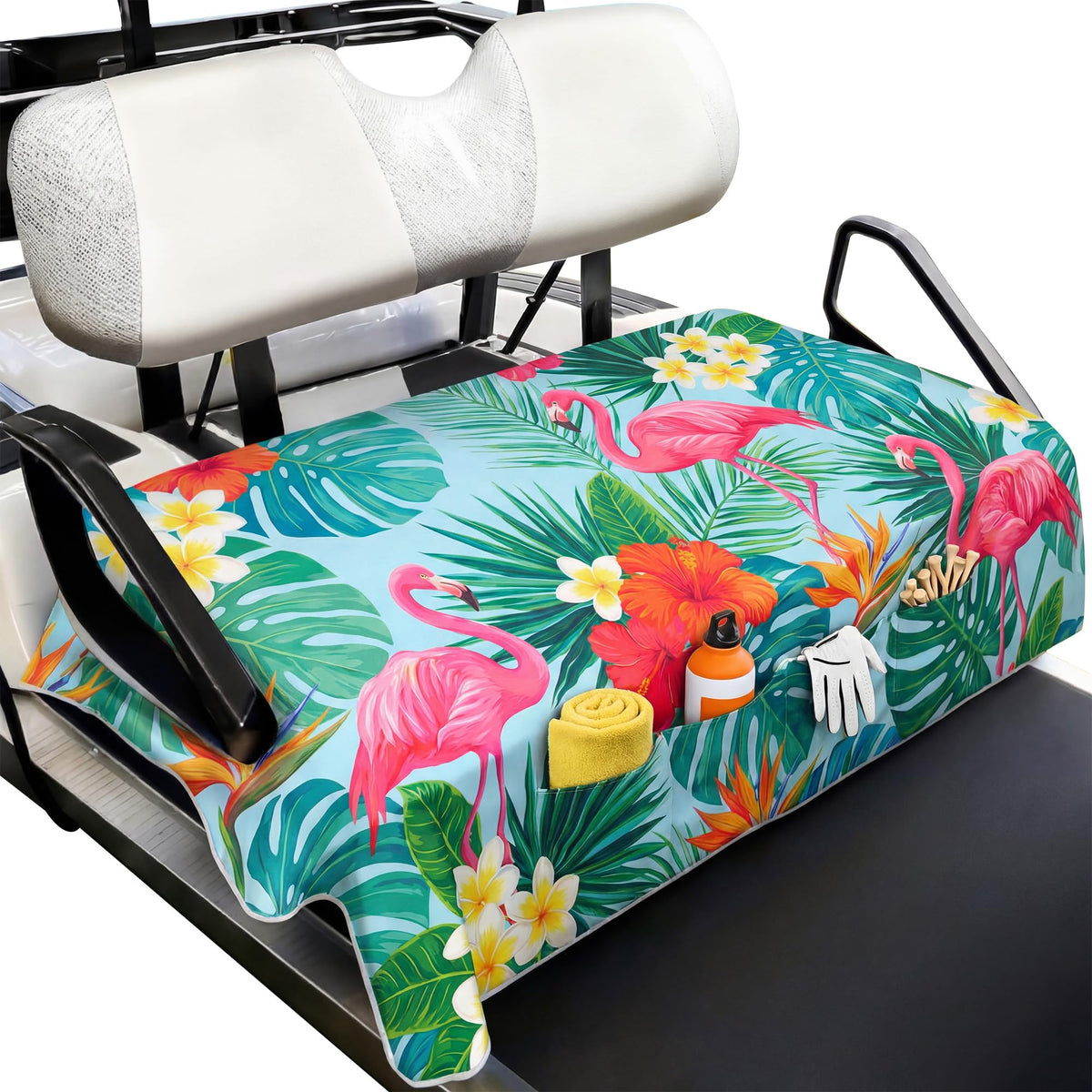 Klyyo Clyro golf seat cover with flamingo design adds style and protection.