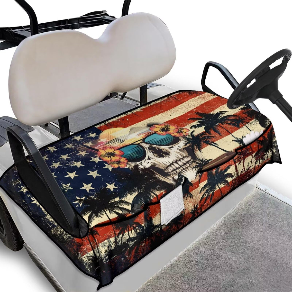 Knextrepoy American Flag golf cart seat cover on a cart seat for outdoor use with secure fit