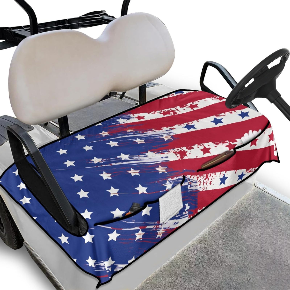 Knextrepoy American Flag golf cart seat cover shown on a cart seat with patriotic styling and protection.