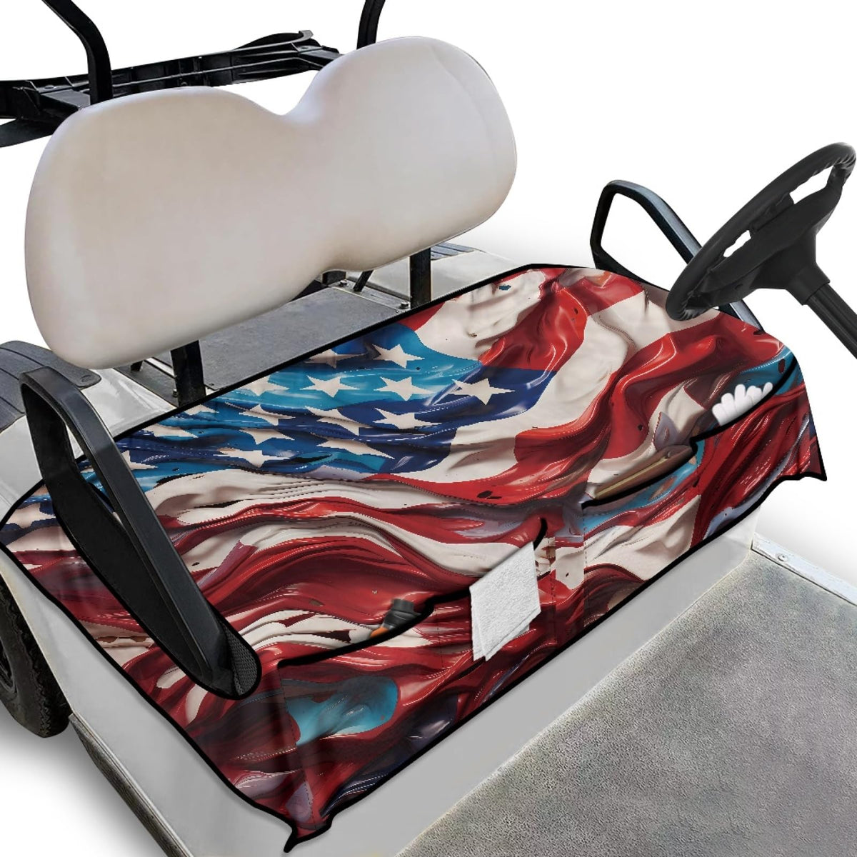 Knextrepoy American Flag golf cart seat cover with patriotic design.