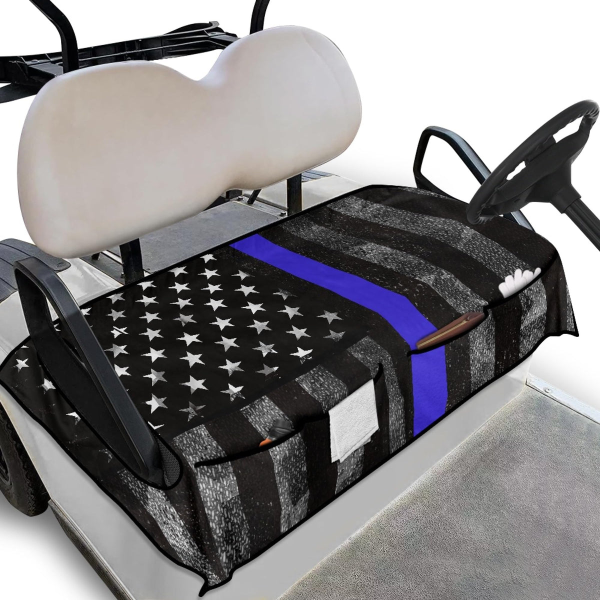 Knextrepoy American Police Flag seat cover on a 2-seat golf cart, durable protection.