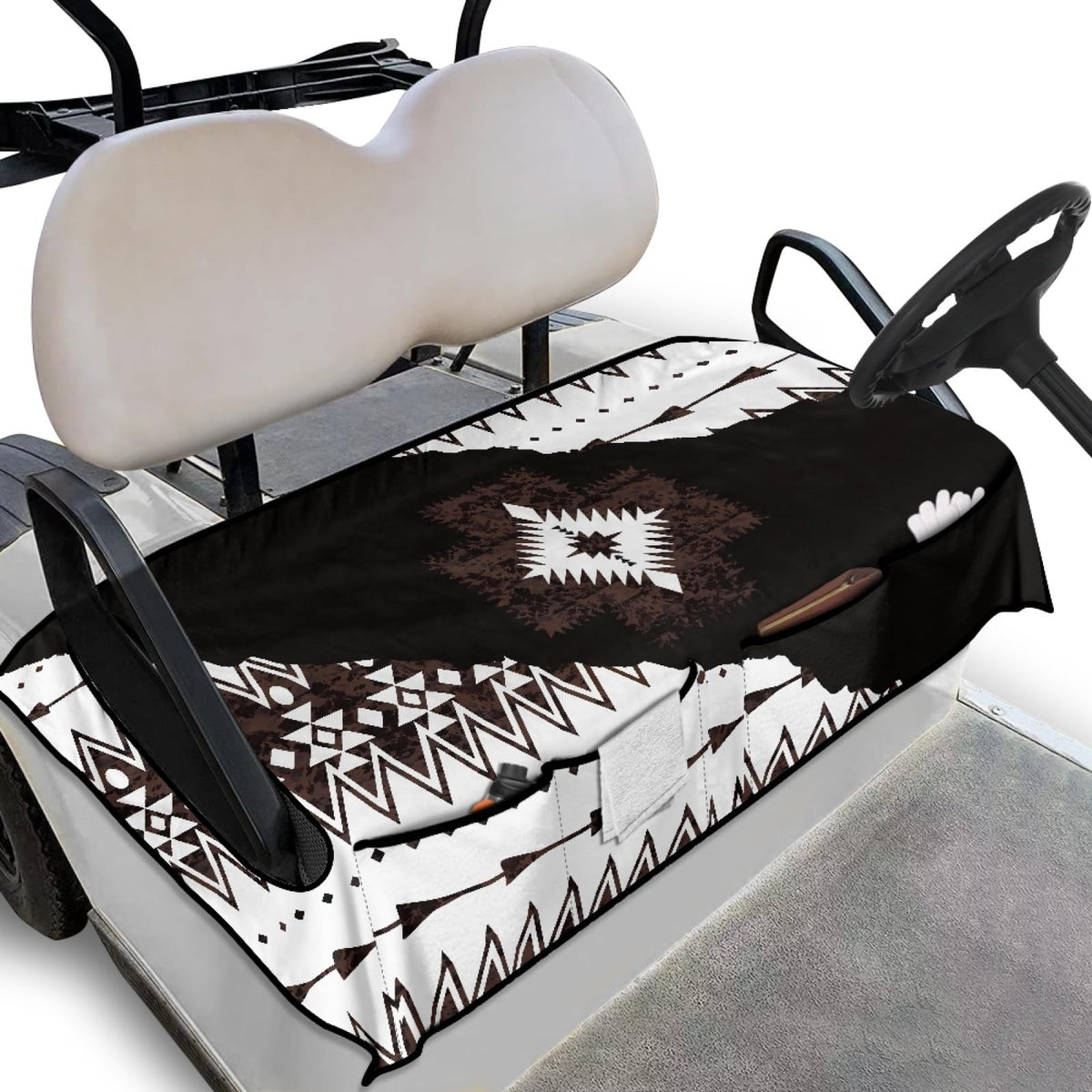Knextrepoy Aztec seat cover on golf cart seat showing bold geometric pattern and fit.