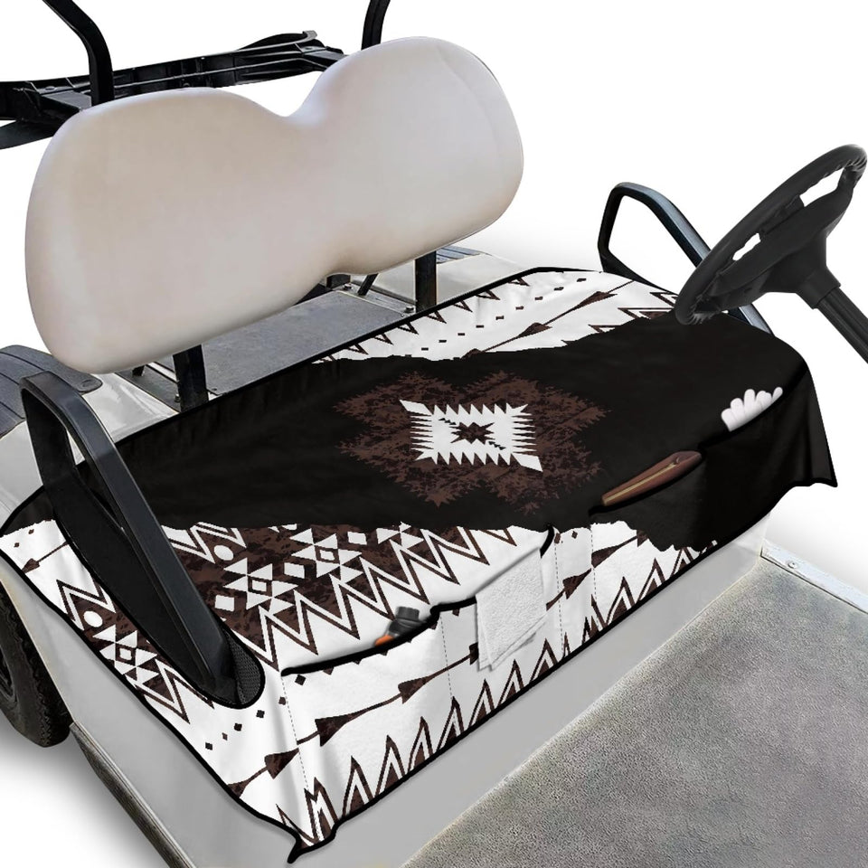 Knextrepoy Aztec seat cover on golf cart seat showing bold geometric pattern and fit.