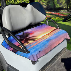 Knextrepoy beach palm seat cover on a golf cart, adding style and protection.