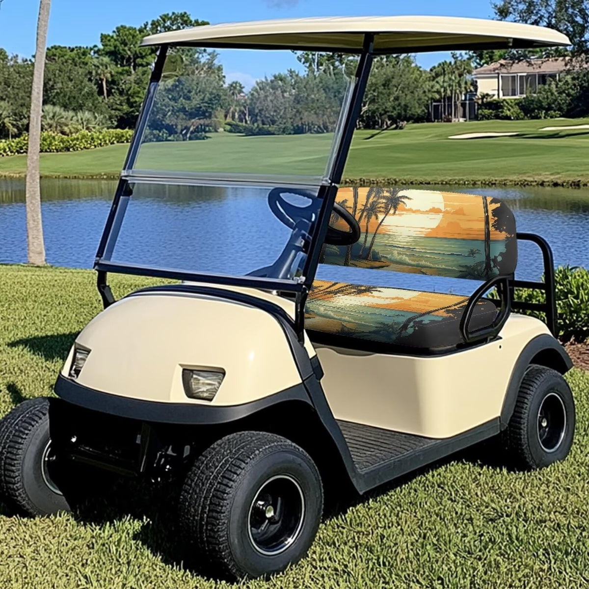Knextrepoy Beach Palm Tree bench seat cover on a golf cart