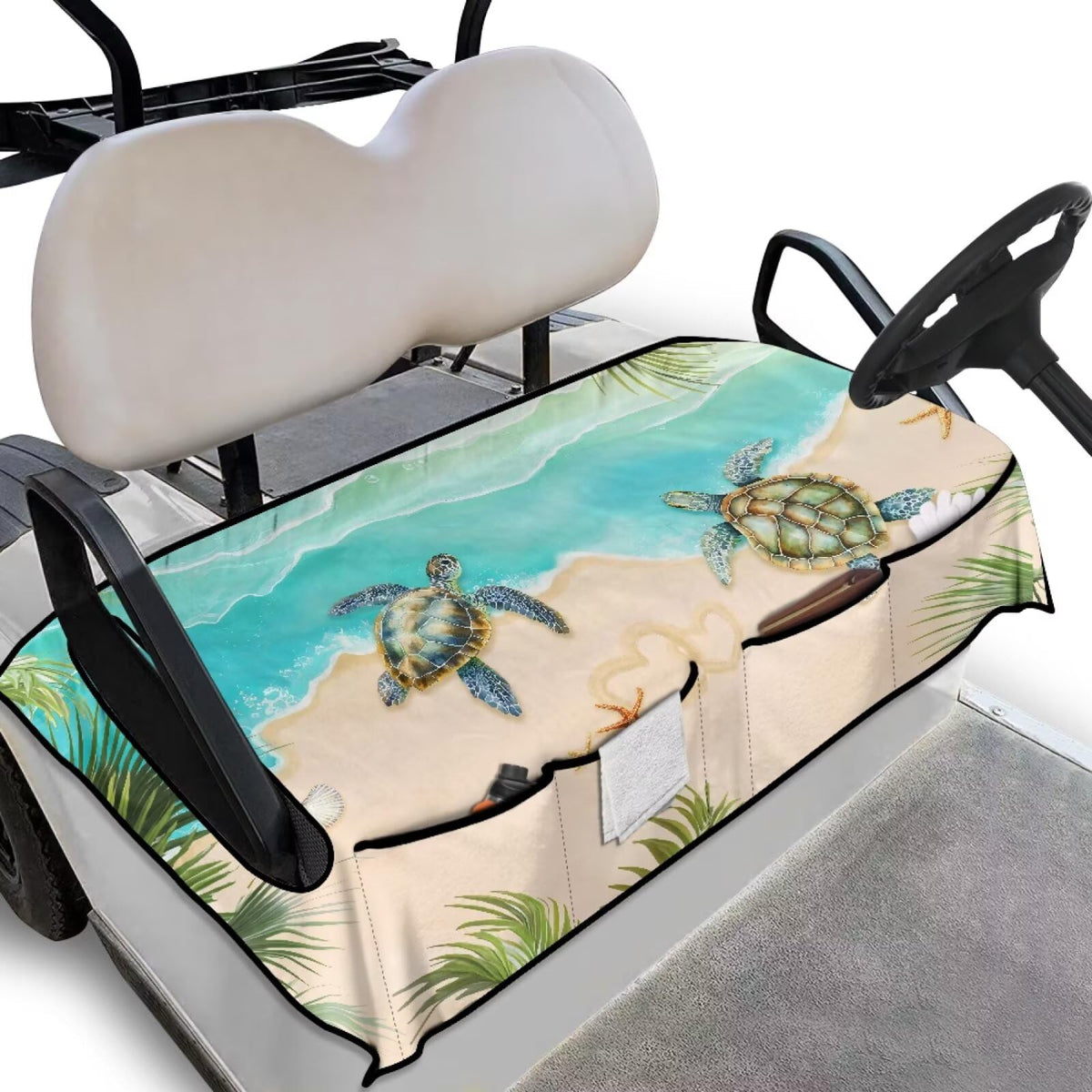 Knextrepoy Beach Turtle seat cover with 4 front pockets keeps sunglasses organized on the cart.