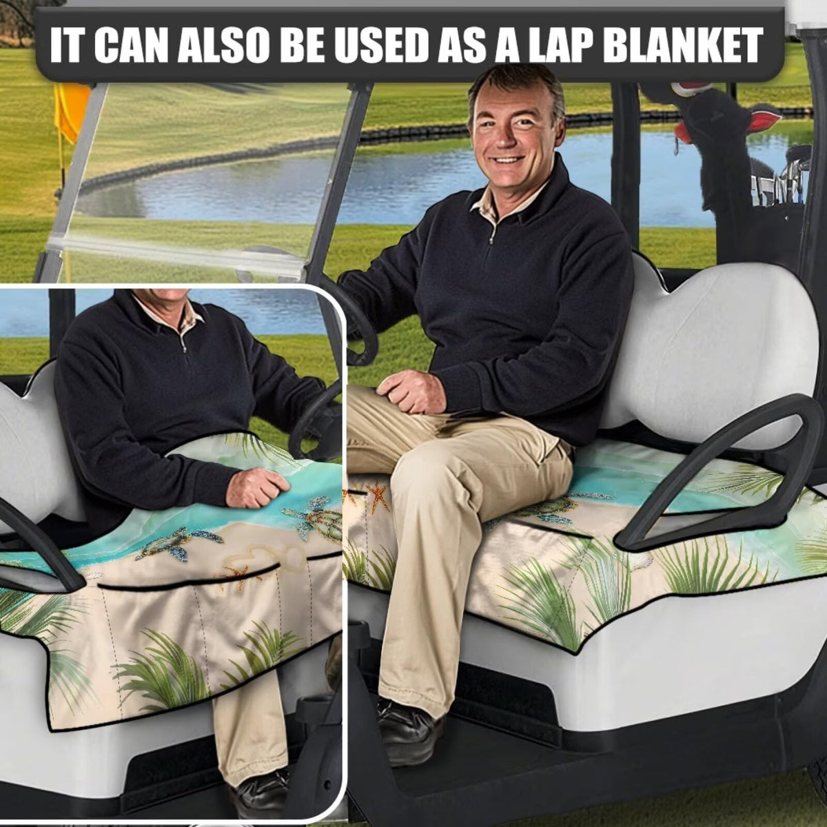 Knextrepoy Beach Turtle seat cover provides a dust and sweat barrier during rounds.