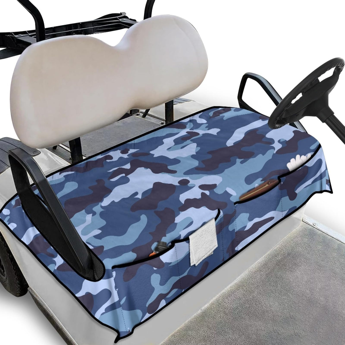 Knextrepoy Blue Camo seat cover on a golf cart front view, protective and stylish.