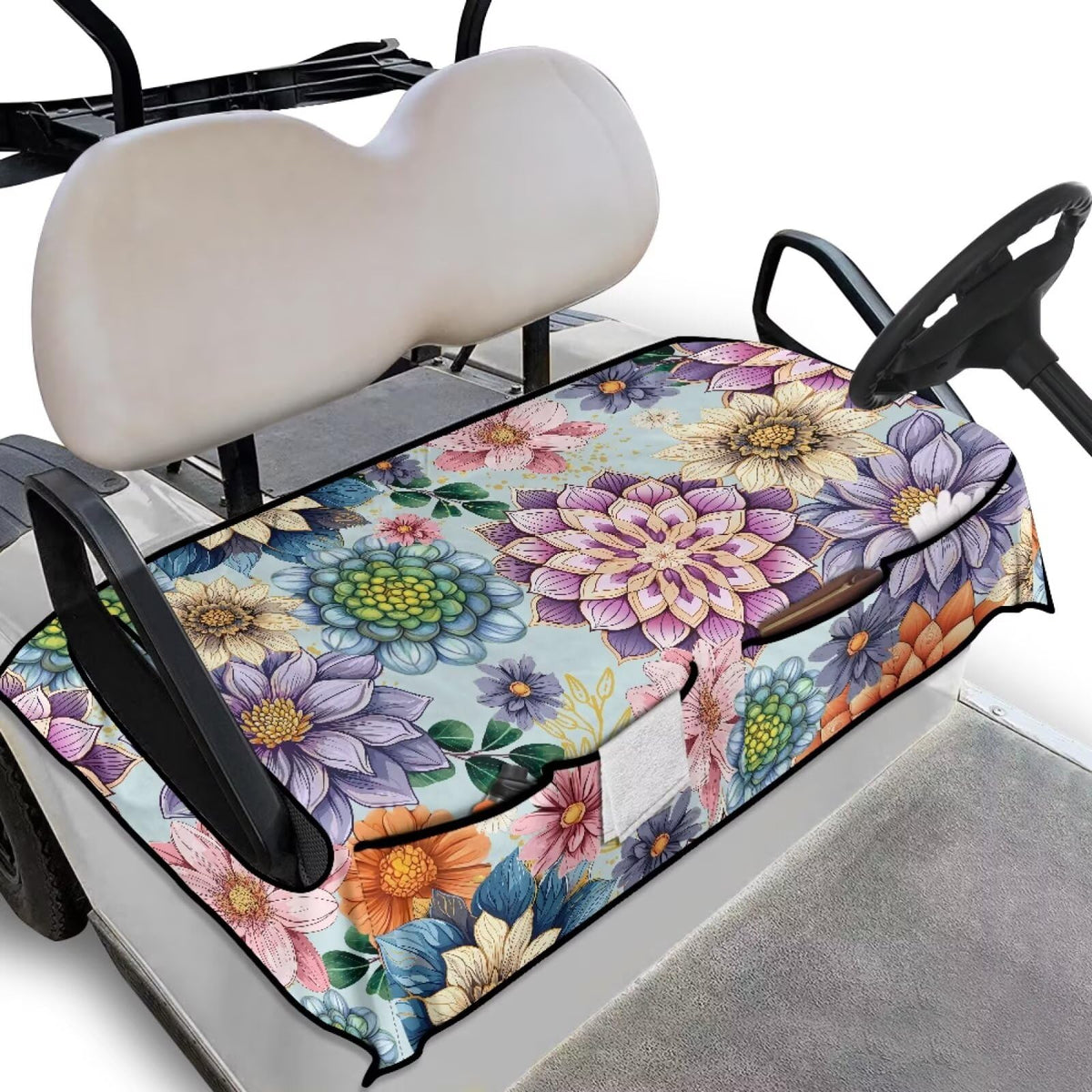 Knextrepoy Boho Flowers seat cover on a two-seat golf cart for secure, comfortable seating