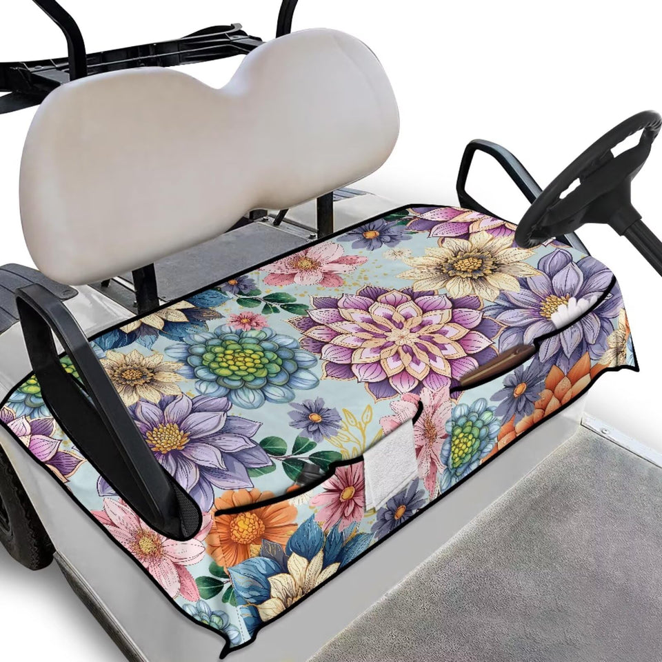 Knextrepoy Boho Flowers seat cover on a two-seat golf cart for secure, comfortable seating