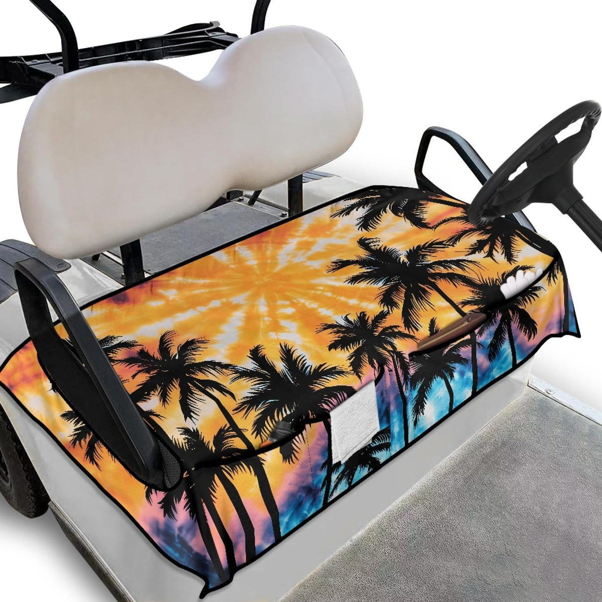 Knextrepoy coconut tree golf cart seat cover showing universal two-person fit for seats