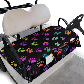 Knextrepoy dog paw print golf cart seat cover front view with universal fit and pockets.